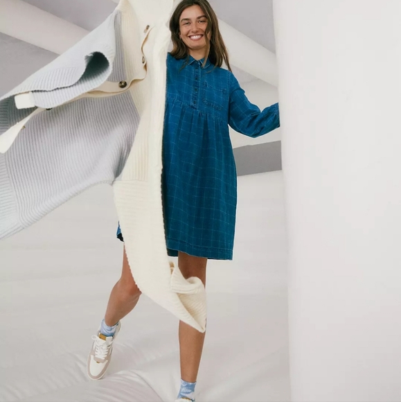 MADEWELL Size Large Indigo Plaid Denim Babydoll Shirtdress $128 Runs Small! EUC! - Picture 4 of 16